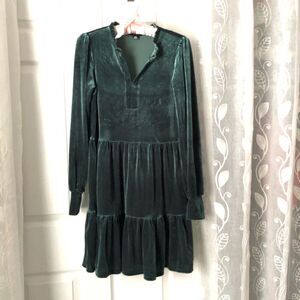 1. State Velour Velvet Emerald Green Long Sleeve Babydoll mini Dress Size XS